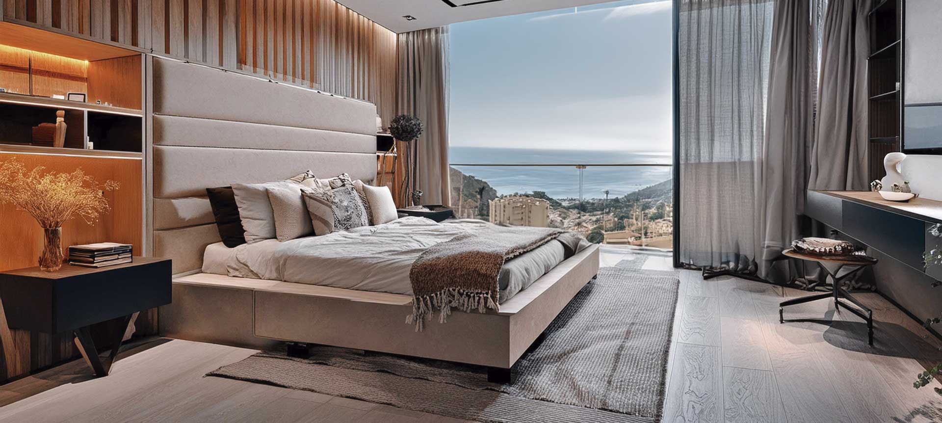 Dormitorio elegante con vistas al mar, diseño de interiores para apartamento turístico en la Costa del Sol
