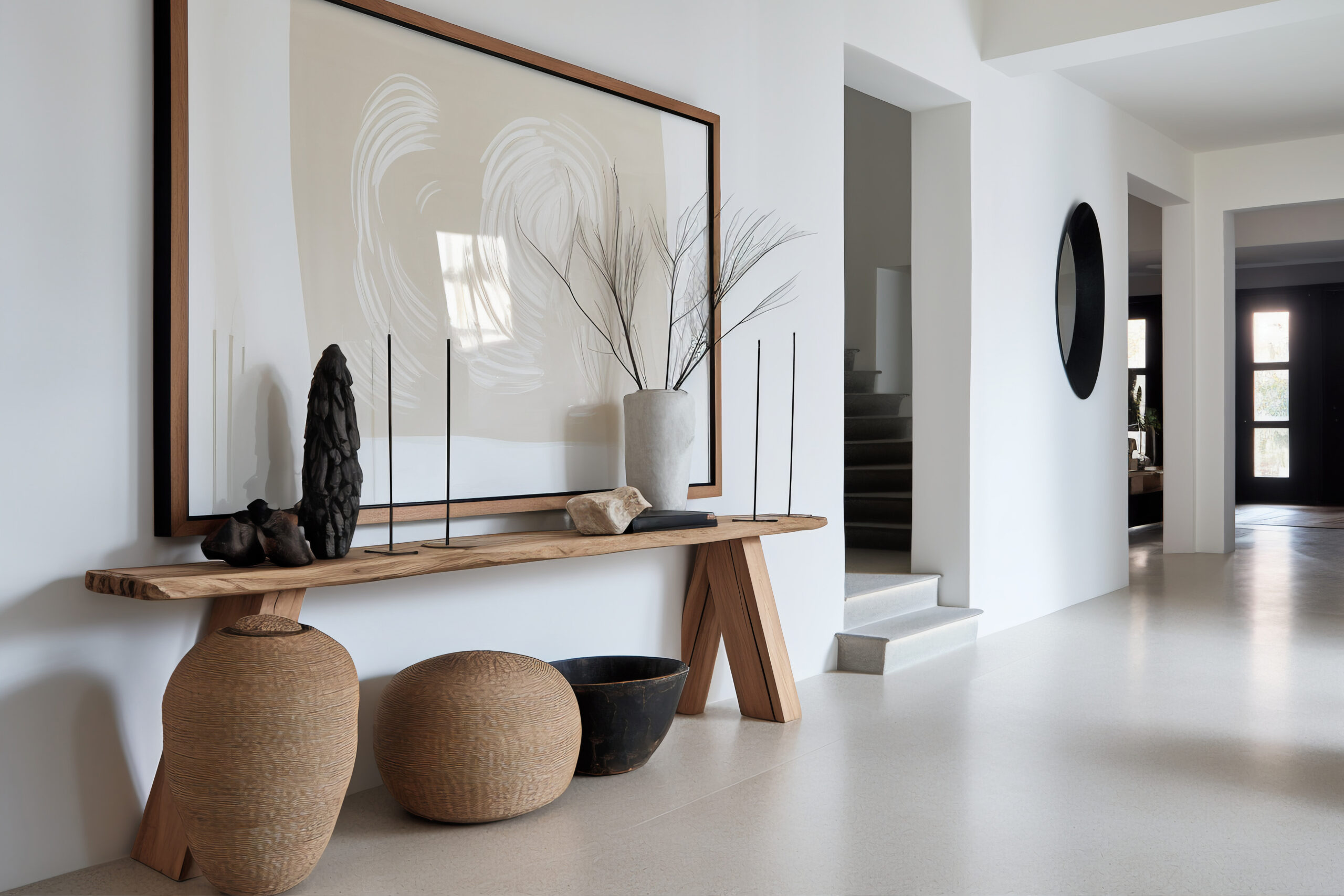 Entrada moderna con mobiliario de diseño en técnica de Home Staging para interiores en la Costa del Sol, Málaga y Marbella