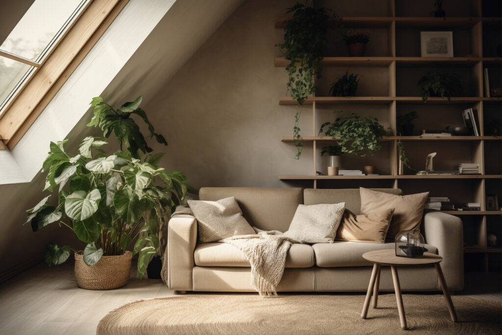 Sala de estilo boho con plantas y textiles naturales