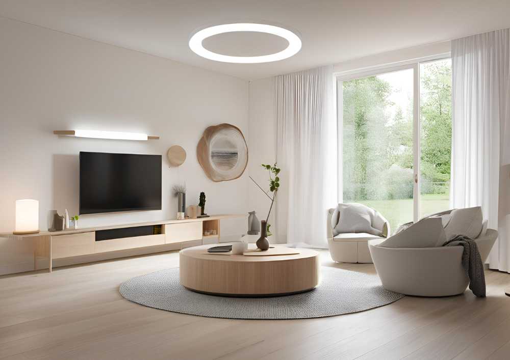 Sala de estar minimalista con muebles blancos, mesa redonda de madera y televisión de pantalla plana