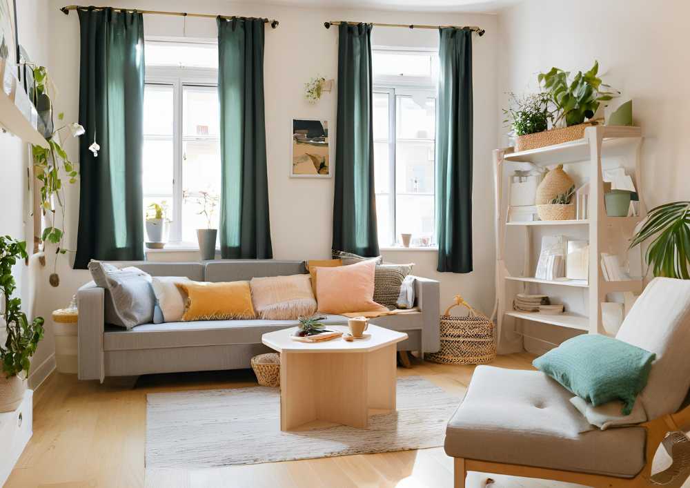 Sala de estar decorada con cortinas verde oscuro, plantas y muebles en tonos neutros.
