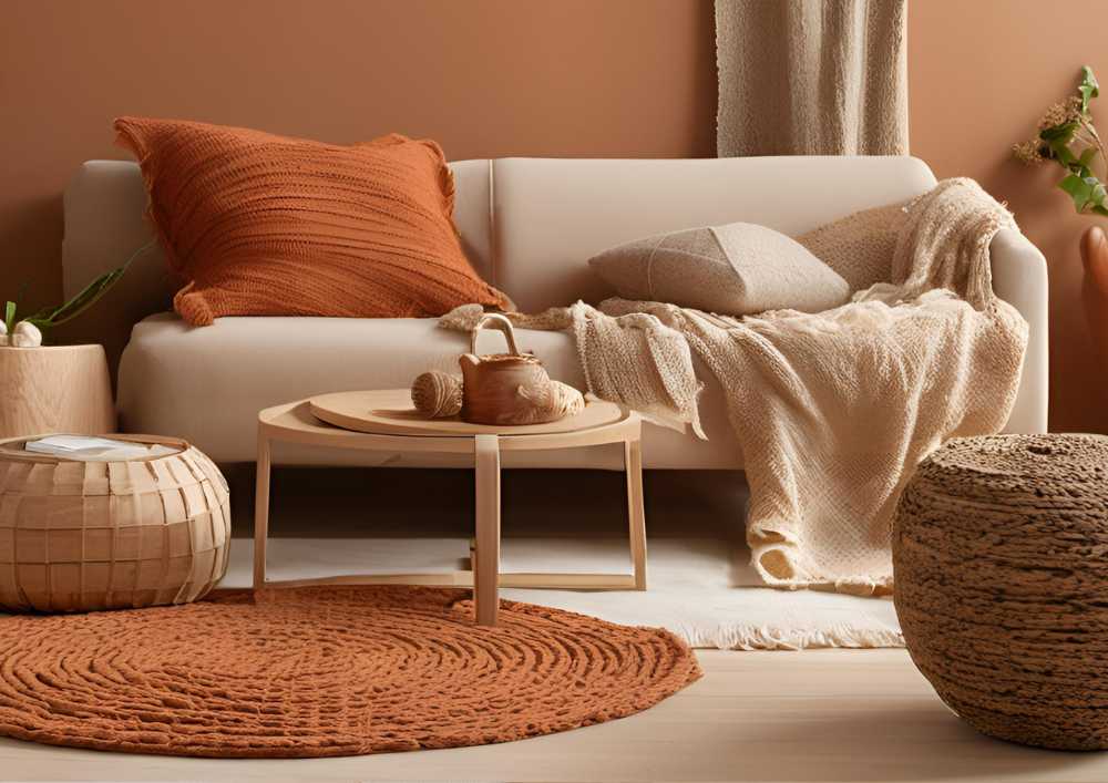 Sala de estar en tonos tierra con sofá beige, cojines terracota y alfombra de yute.