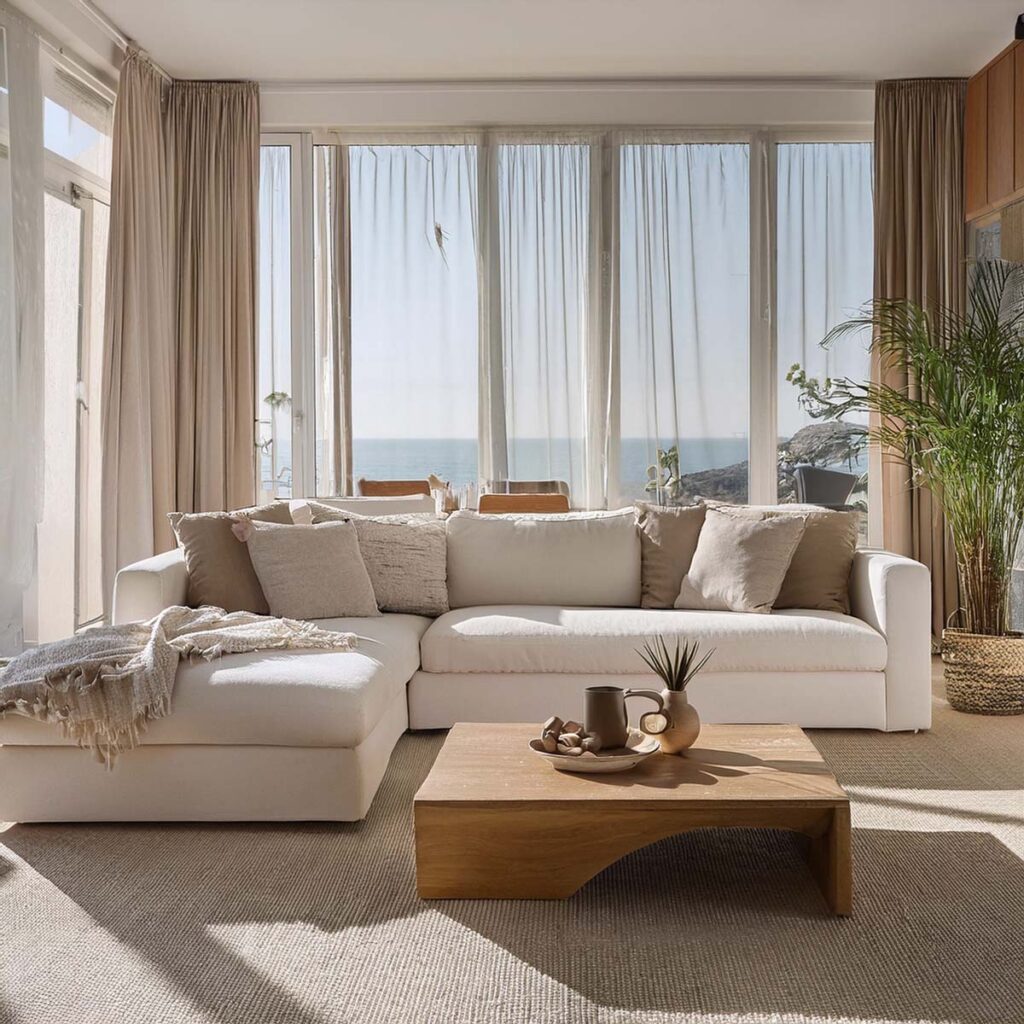 Vista de un salón elegante y moderno en la Costa del Sol, decorado sin obras para maximizar su valor